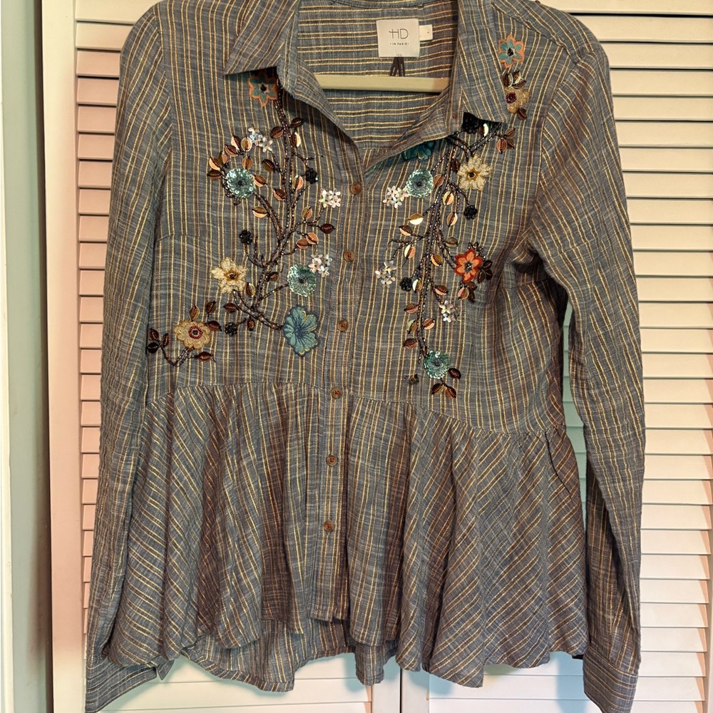 Anthropologie -HD in Paris Striped Embroidered Button-Front Peplum Blouse